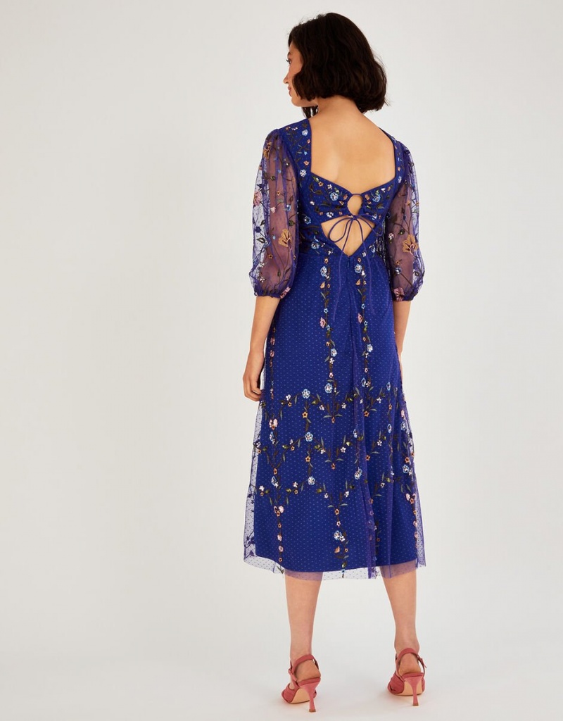 Blue Women's Monsoon Yennefer Embroidered Midi Dress | IFL-1453