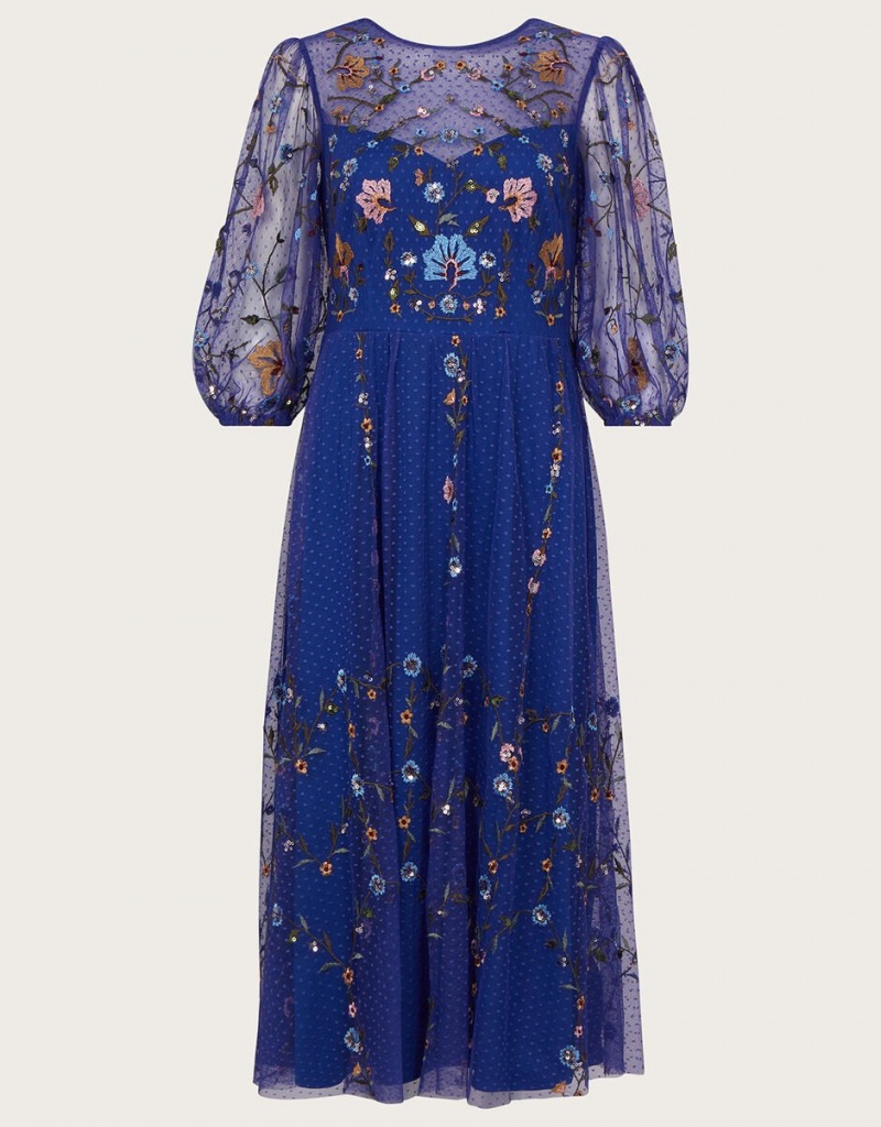 Blue Women's Monsoon Yennefer Embroidered Midi Dress | IFL-1453