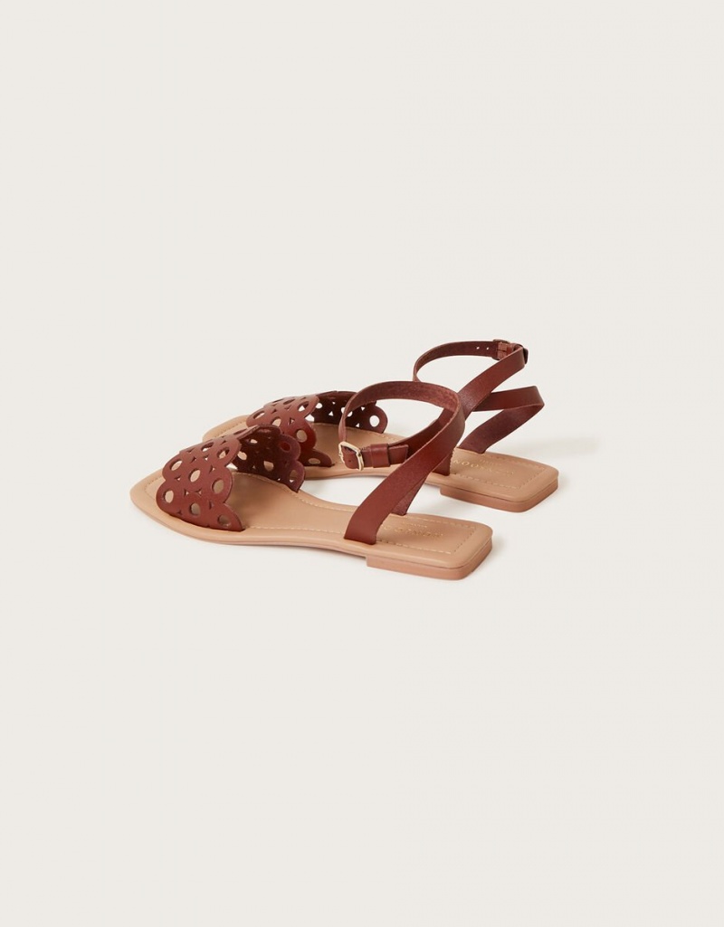 Brown Women's Monsoon Cutwork Leather Sandals | EKL-4567