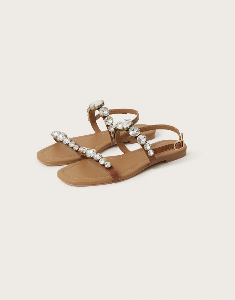 Brown Women\'s Monsoon Diamanté Flat Sandals | NDW-1164