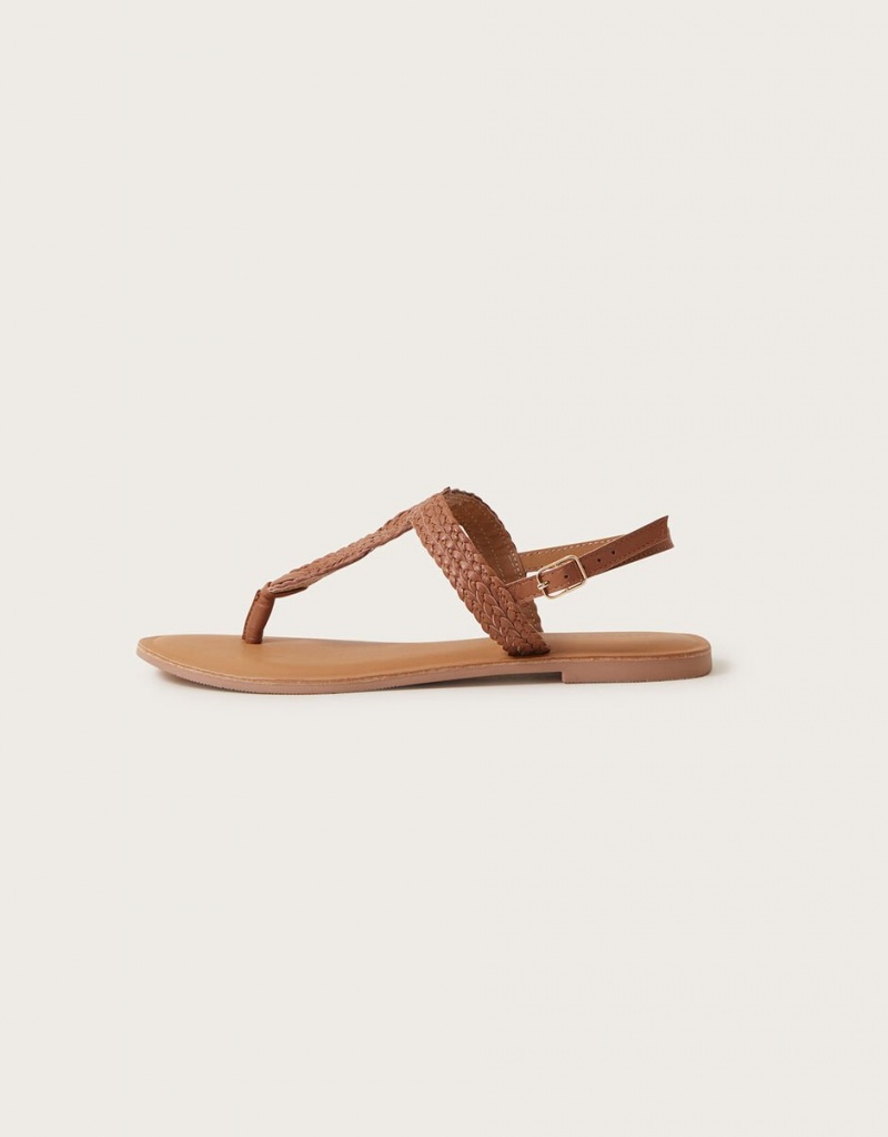 Brown Women's Monsoon Leather Twist Toe Post Sandals | FXO-9632