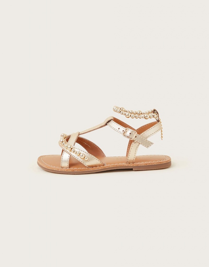 Gold Kids' Monsoon Leather Beaded Sandals | VZH-3326