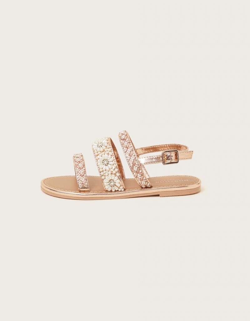 Gold Kids' Monsoon Pearl Flower Embellished Sandals | EME-9934