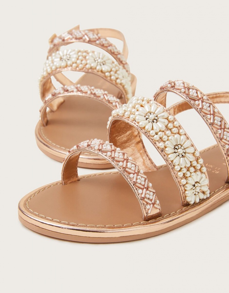 Gold Kids' Monsoon Pearl Flower Embellished Sandals | EME-9934