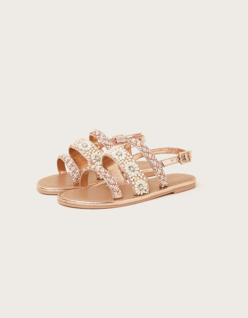 Gold Kids\' Monsoon Pearl Flower Embellished Sandals | EME-9934