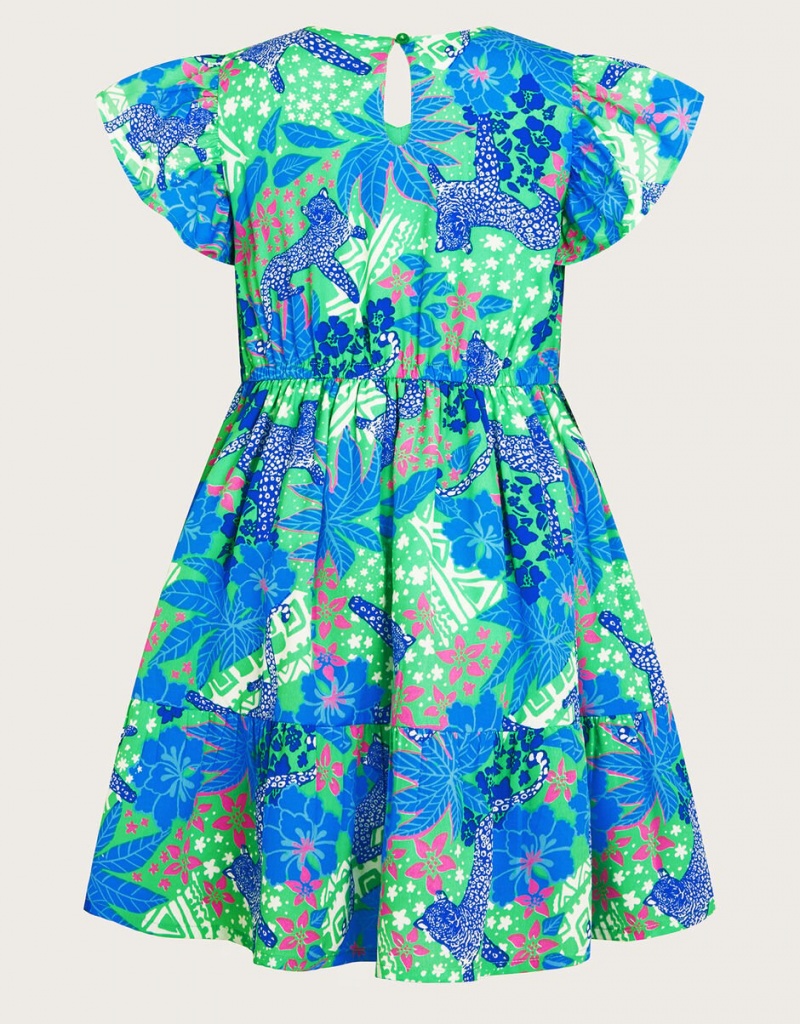 Green Kids' Monsoon Jungle Jaguar Dress | SJT-7464