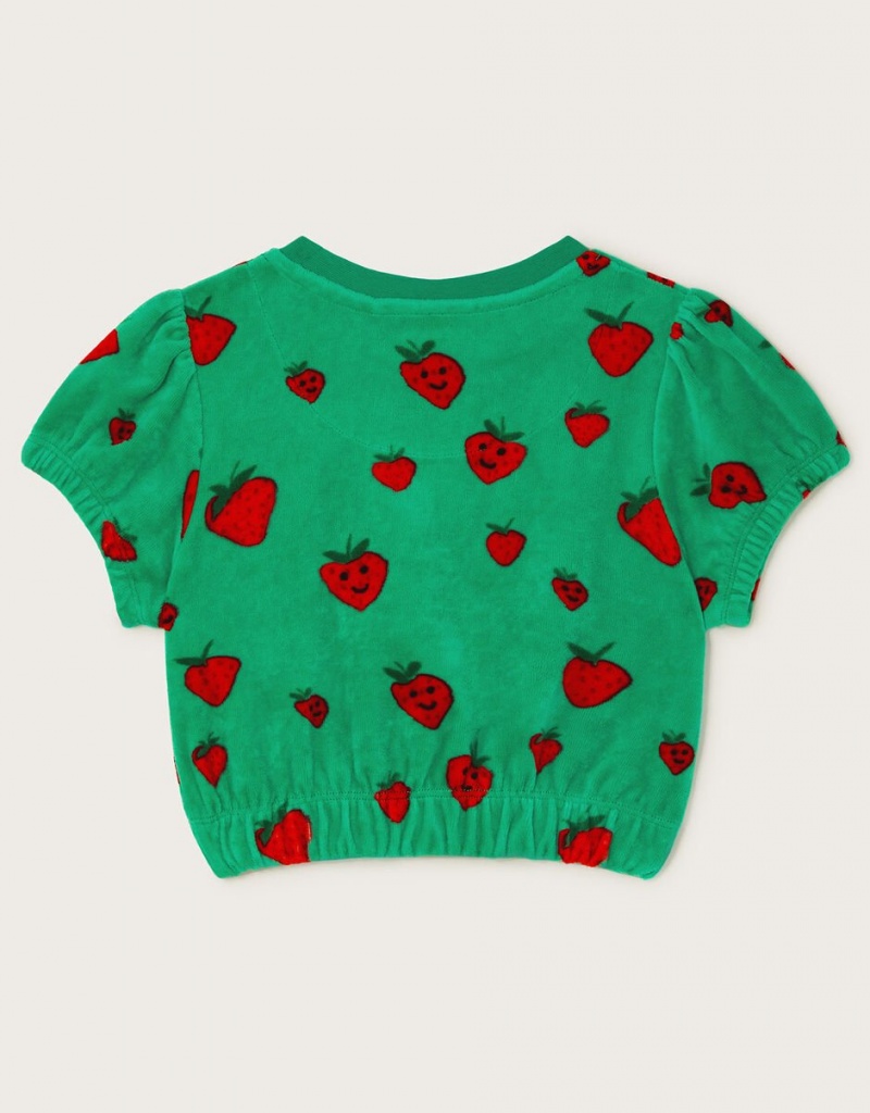 Green Kids' Monsoon Strawberry Print Velour Tops | ETC-5873