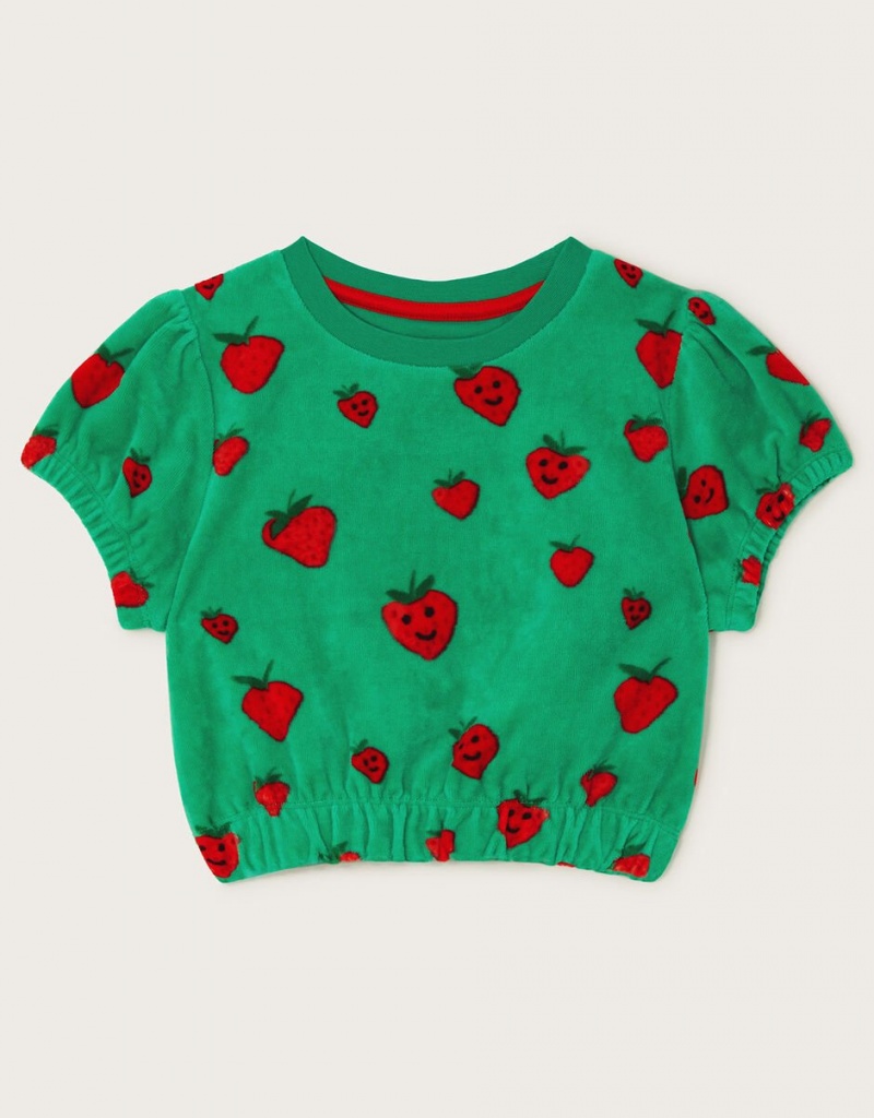 Green Kids\' Monsoon Strawberry Print Velour Tops | ETC-5873