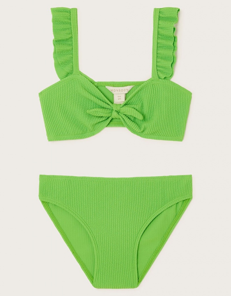 Green Kids\' Monsoon Tie Bow Textured Bikini Set Swimwear | LBF-7422