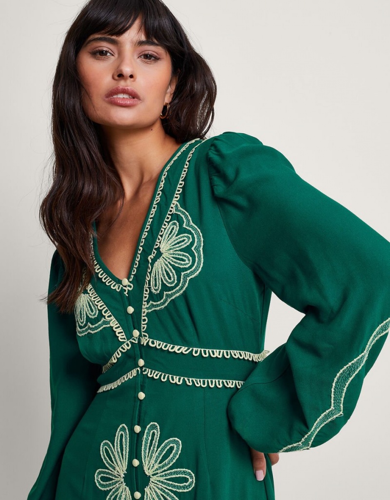 Green Women's Monsoon Clio Embroidered Dress | PWY-8593