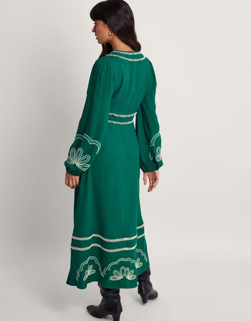 Green Women's Monsoon Clio Embroidered Dress | PWY-8593