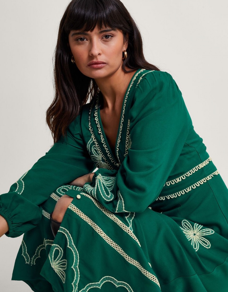 Green Women's Monsoon Clio Embroidered Dress | PWY-8593