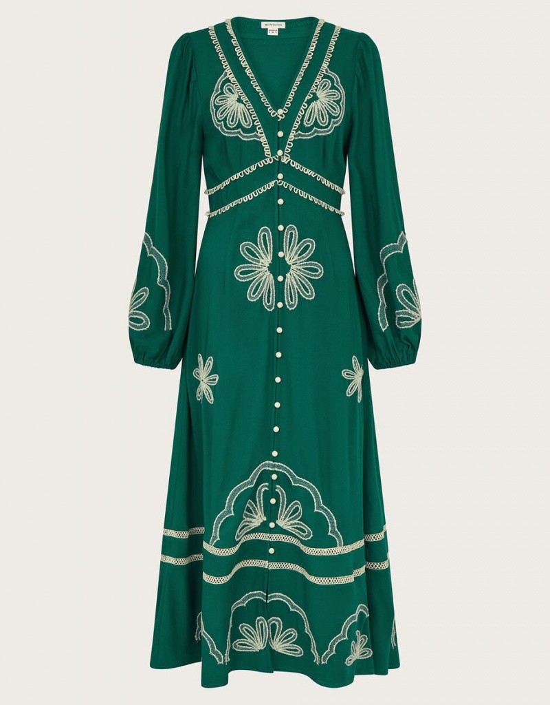 Green Women's Monsoon Clio Embroidered Dress | PWY-8593