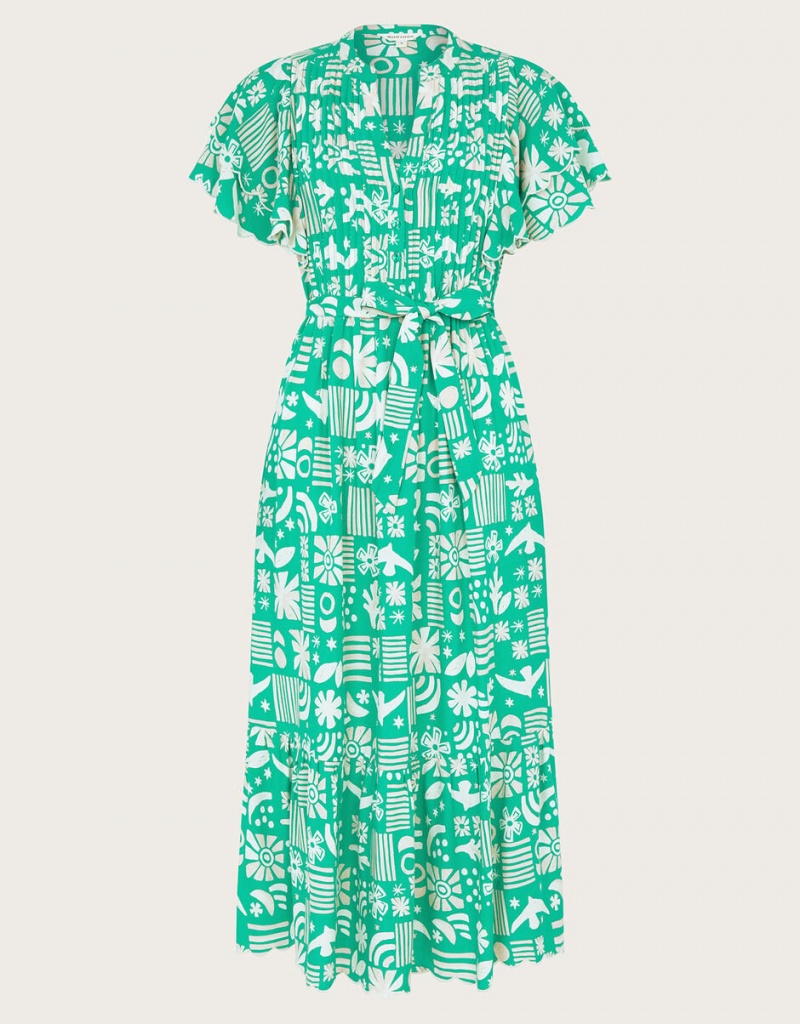 Green Women's Monsoon Dario Print Dress | IZG-4378