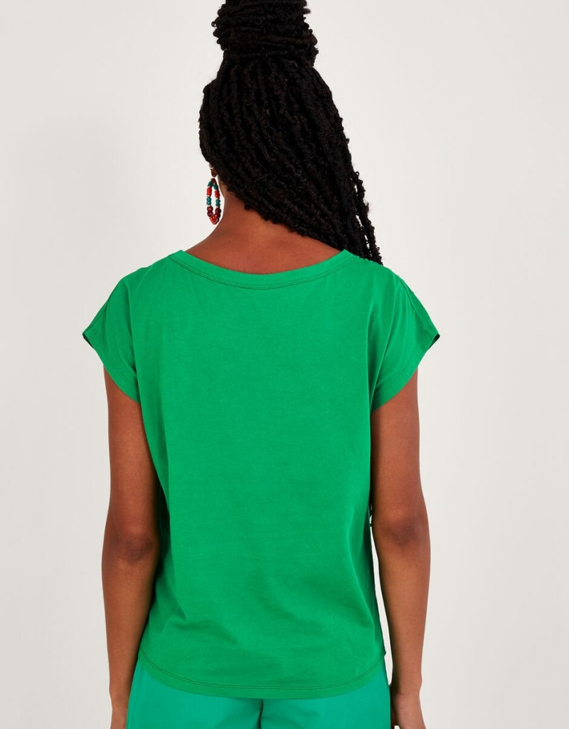 Green Women's Monsoon Floral Cut-Out T-Shirt | NZS-7439