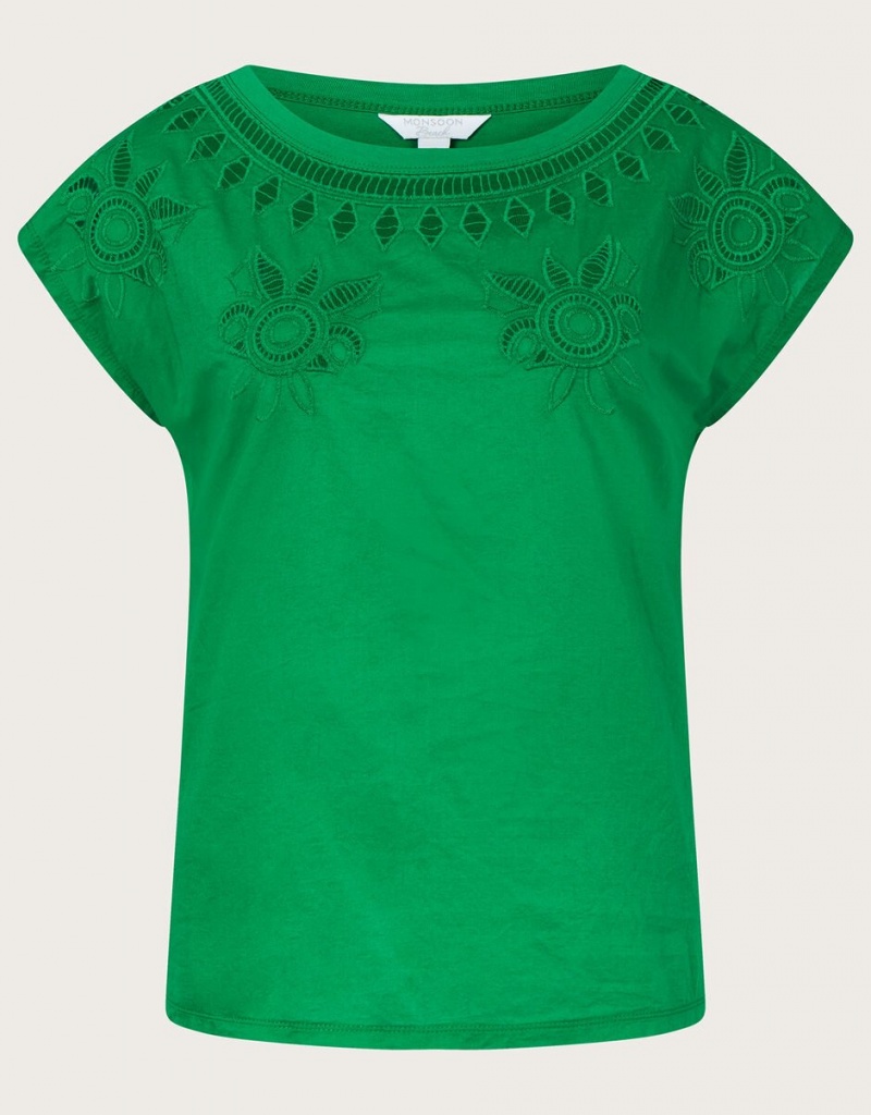 Green Women's Monsoon Floral Cut-Out T-Shirt | NZS-7439