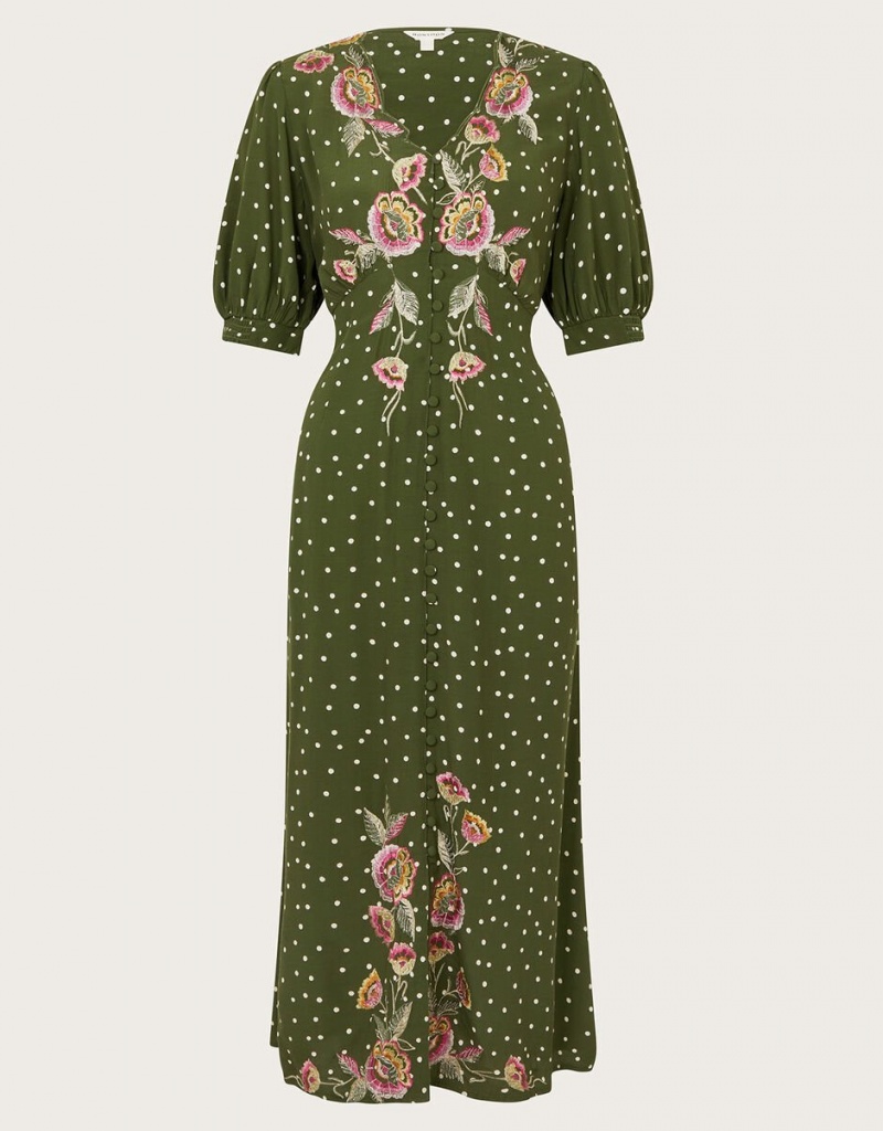 Green Women's Monsoon Myla Embroidered Tea Dress | MMR-2020