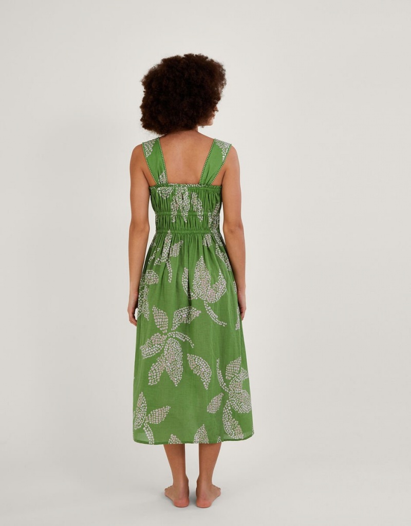 Green Women's Monsoon Palm Spot Print Midi Sundress in Sustainable Cotton Dress | PFU-1846