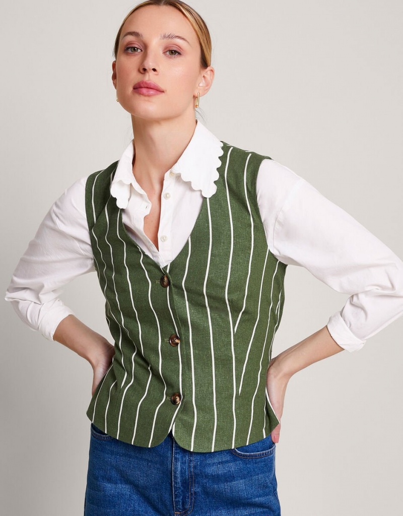 Green Women's Monsoon Susan Stripe Waistcoat in Linen Blend Tops | GLX-3151