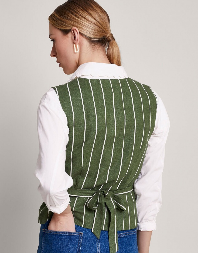 Green Women's Monsoon Susan Stripe Waistcoat in Linen Blend Tops | GLX-3151