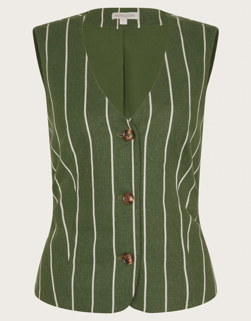 Green Women's Monsoon Susan Stripe Waistcoat in Linen Blend Tops | GLX-3151