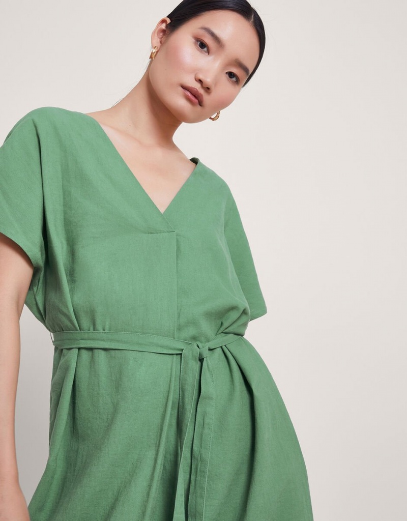 Green Women's Monsoon Verity Belt Dress | OHU-8256