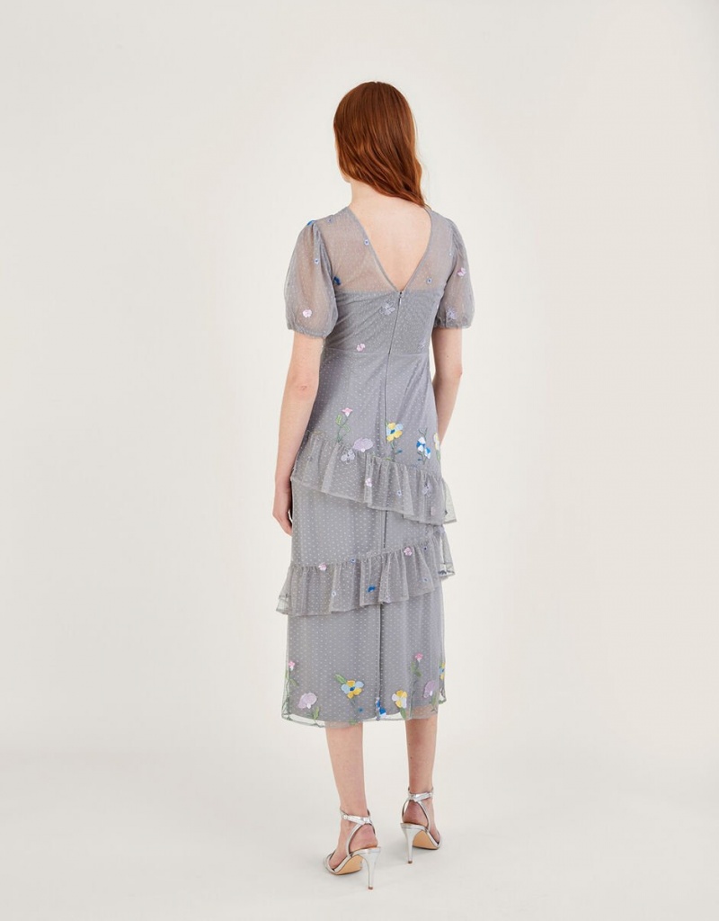 Grey Women's Monsoon Gwendolyn Embroidered Tiered Midi Dress | ZZM-6572