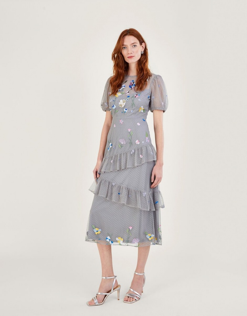 Grey Women\'s Monsoon Gwendolyn Embroidered Tiered Midi Dress | ZZM-6572