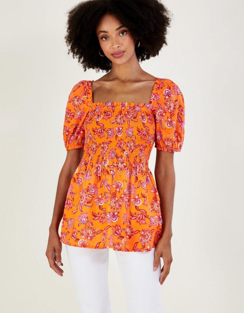 Orange Women's Monsoon Floral Print Shirred Bodice in Sustainable Cotton Tops | EOG-8790