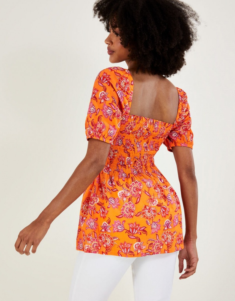 Orange Women's Monsoon Floral Print Shirred Bodice in Sustainable Cotton Tops | EOG-8790