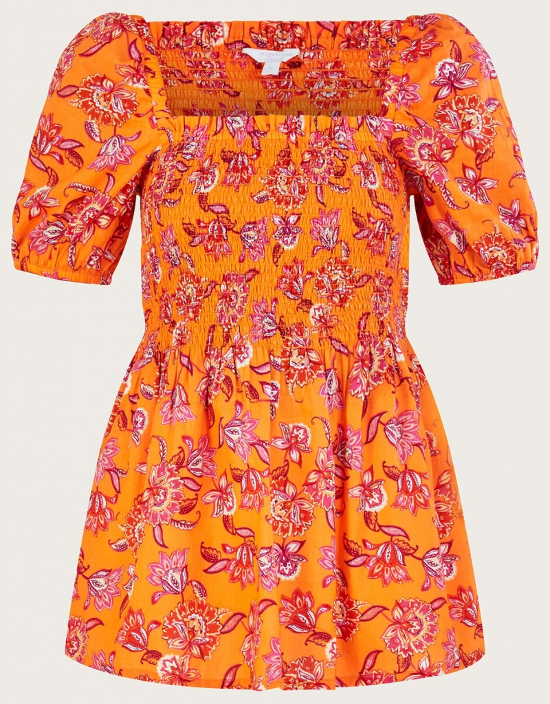 Orange Women's Monsoon Floral Print Shirred Bodice in Sustainable Cotton Tops | EOG-8790