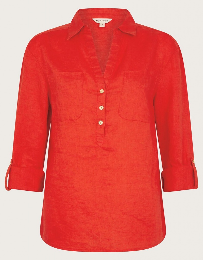 Orange Women's Monsoon Layla Pocket Linen Tops | NPE-7846