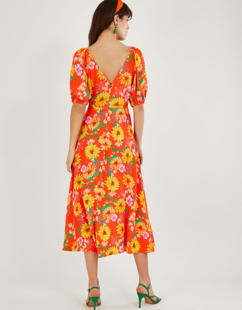 Orange Women's Monsoon Manuela Sunflower in Sustainable Viscose Dress | SUU-4280