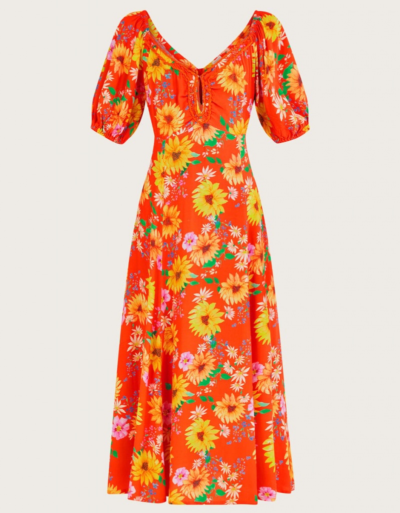 Orange Women's Monsoon Manuela Sunflower in Sustainable Viscose Dress | SUU-4280