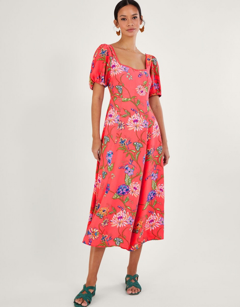 Orange Women's Monsoon Regina Floral Print Tea with Sustainable Viscose Dress | QPB-1069