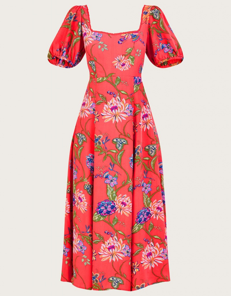 Orange Women's Monsoon Regina Floral Print Tea with Sustainable Viscose Dress | QPB-1069