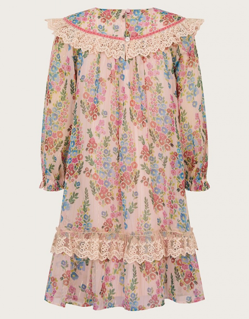 Pink Kids' Monsoon Floral Stripe Long Sleeve Dress | FDE-0588