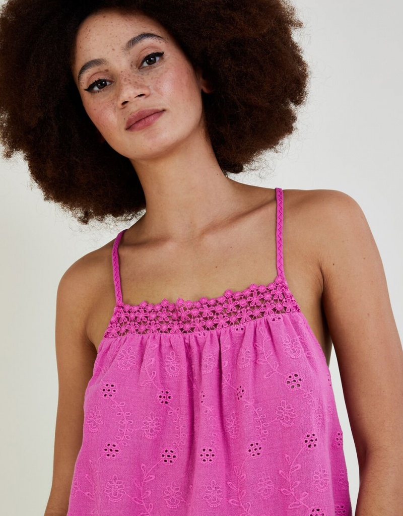 Pink Women's Monsoon Broderie Detail Cami in Sustainable Cotton Tops | SRN-1165