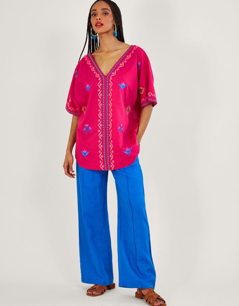 Pink Women's Monsoon Drop Sleeve Embroidered Tops | FKP-0129