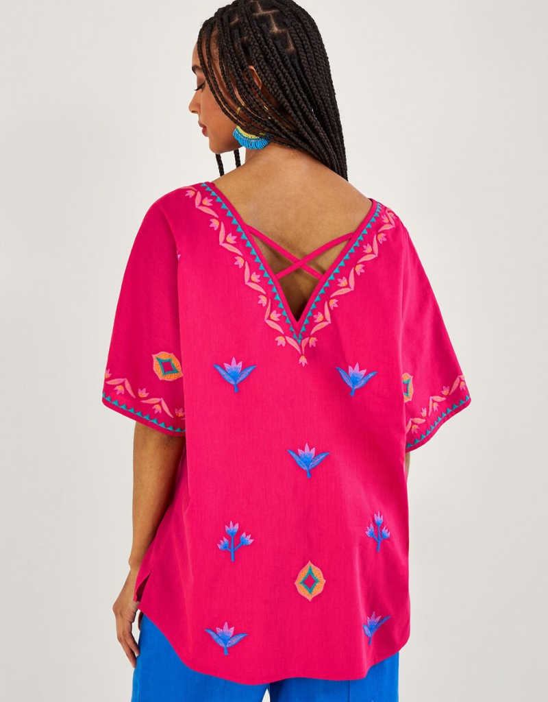 Pink Women's Monsoon Drop Sleeve Embroidered Tops | FKP-0129