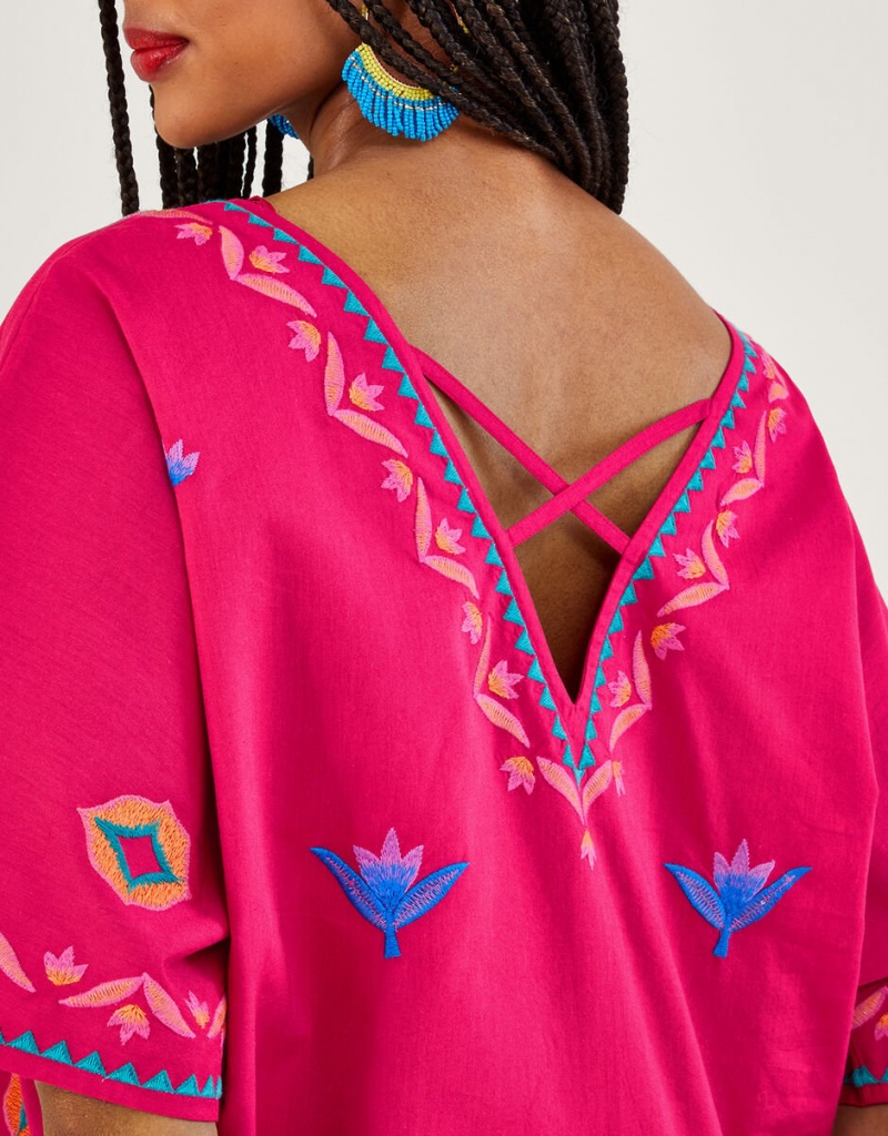 Pink Women's Monsoon Drop Sleeve Embroidered Tops | FKP-0129