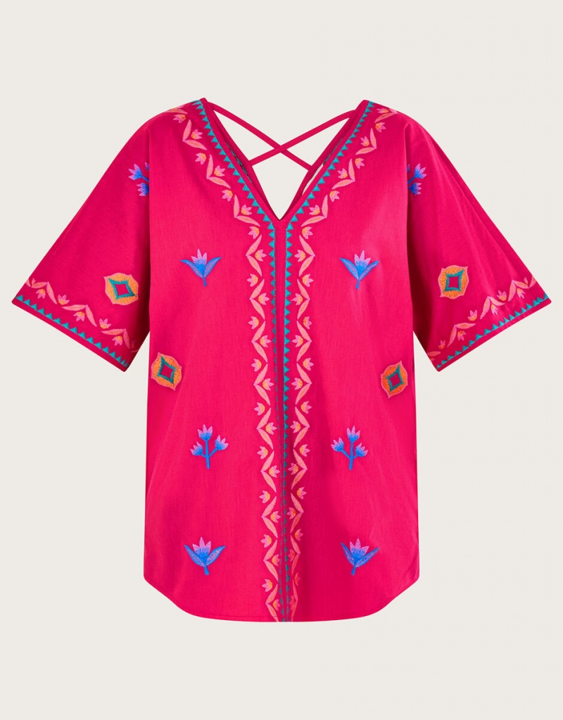 Pink Women's Monsoon Drop Sleeve Embroidered Tops | FKP-0129