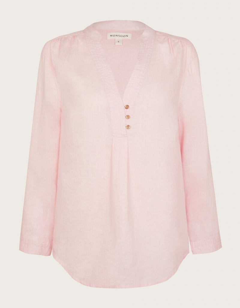 Pink Women's Monsoon India Linen Shirts | VTO-2152