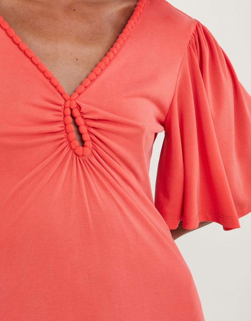 Pink Women's Monsoon Jersey Pom-Pom Trim Keyhole Detail Dress | PML-3243