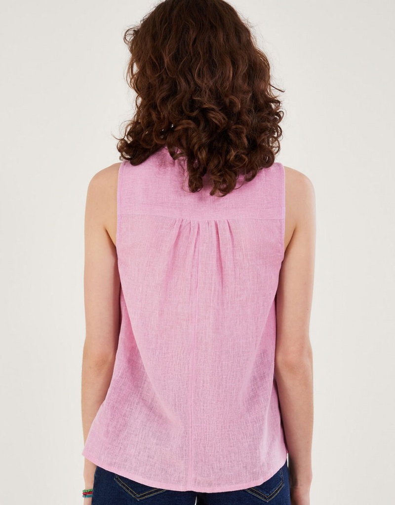 Pink Women's Monsoon Long Line Tank in Linen Blend Tops | TOA-2743