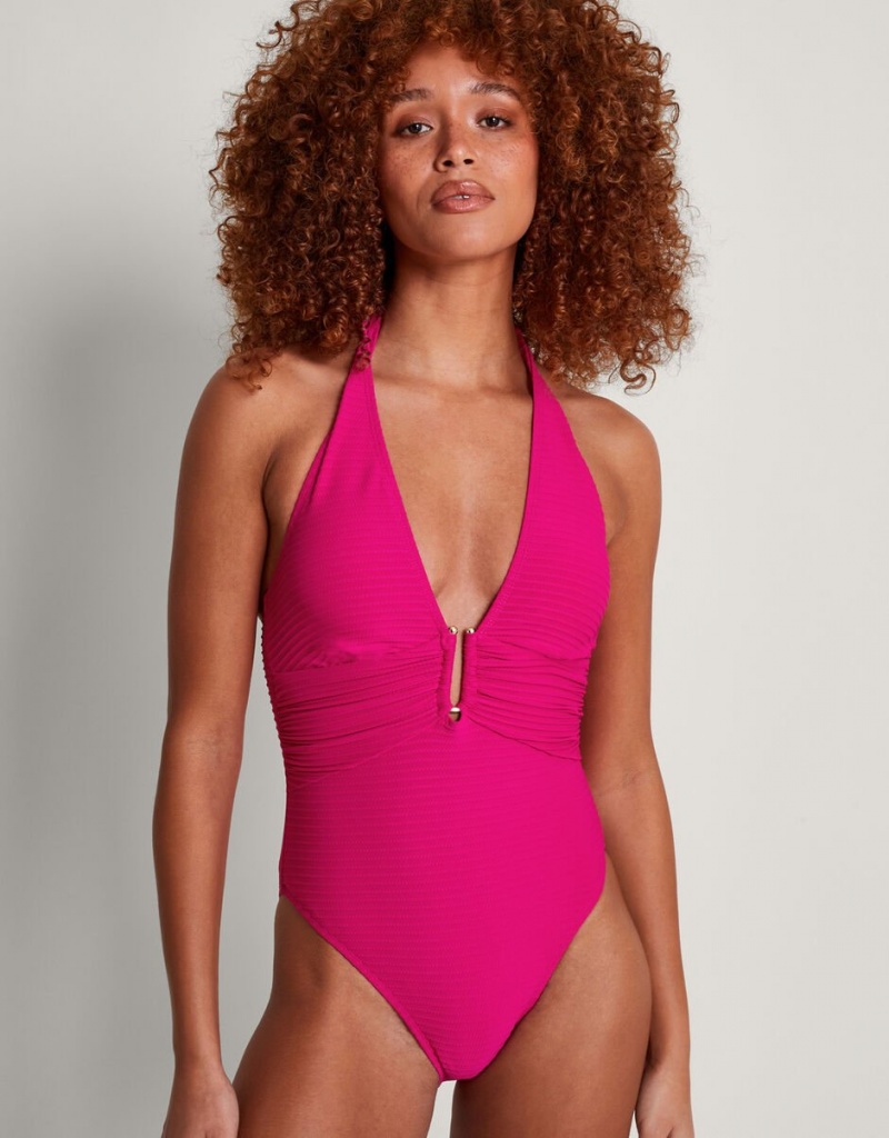 Pink Women's Monsoon Maria Ribbed Swimsuit Swimwear | RSN-4528