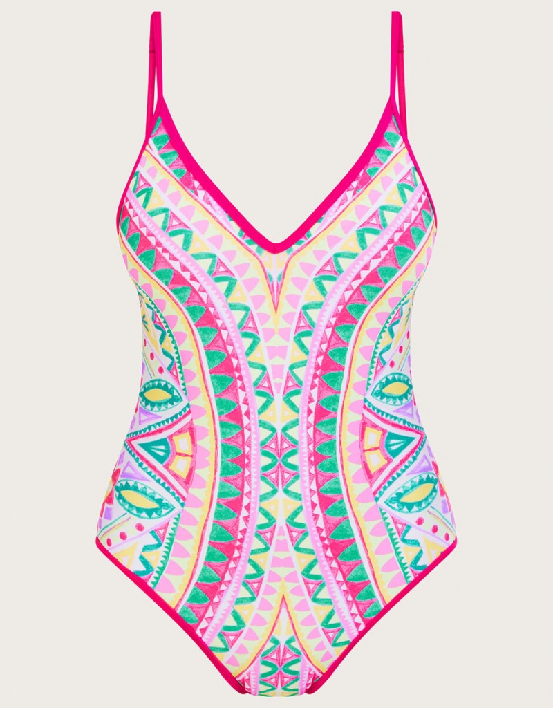 Pink Women's Monsoon Mosaic Print Swimsuit with Recycled Polyester Swimwear | WIO-1531