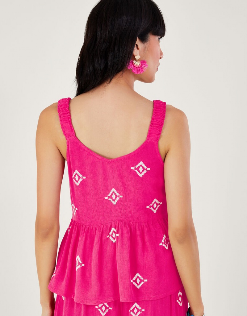 Pink Women's Monsoon Motif Embroidered Cami in LENZING™ ECOVERO™ Tops | PTV-7447