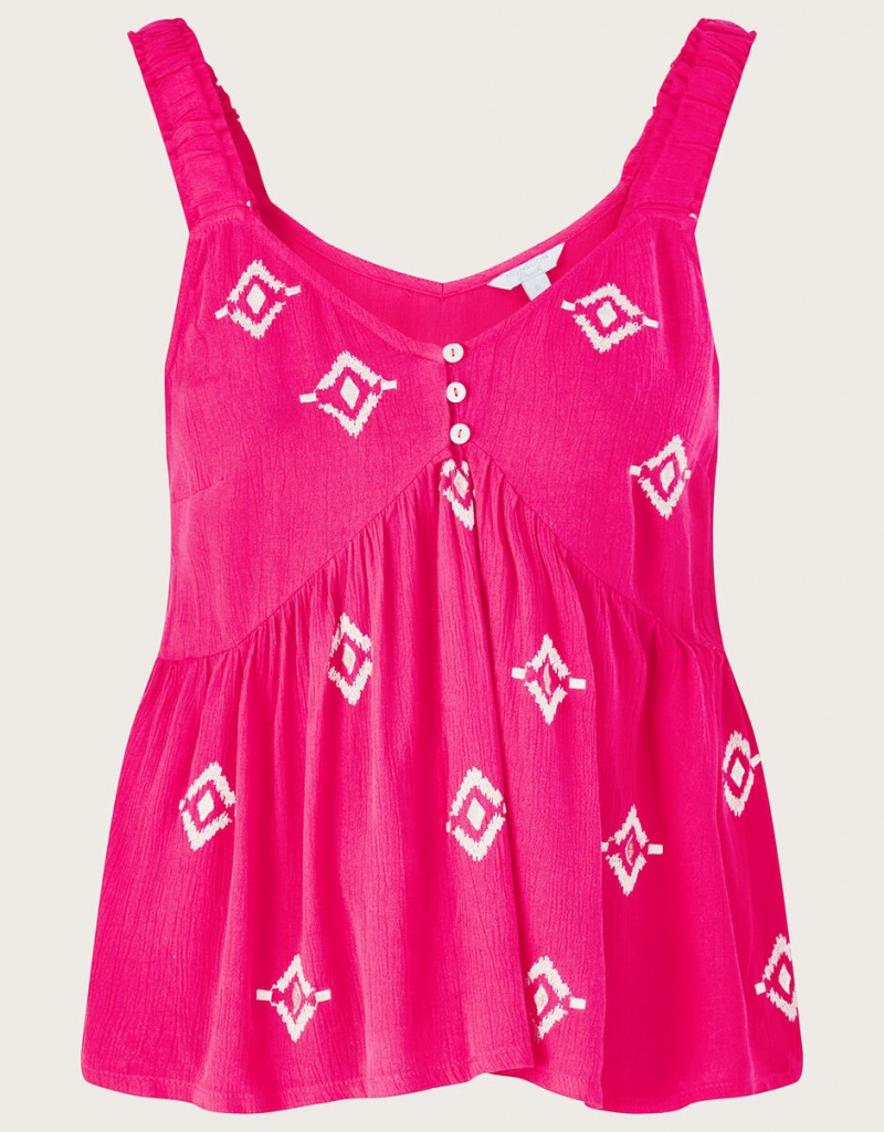 Pink Women's Monsoon Motif Embroidered Cami in LENZING™ ECOVERO™ Tops | PTV-7447