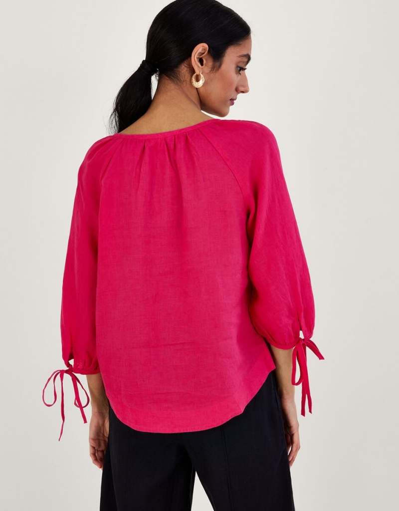 Pink Women's Monsoon Tie Cuff Button Through Linen Blouse | AXB-5009